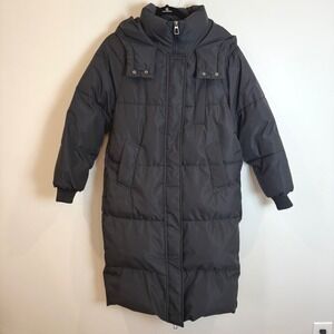 PUFFIT Black Long Puffer Coat Hooded Zip Front Quilted Winter Warm Size M